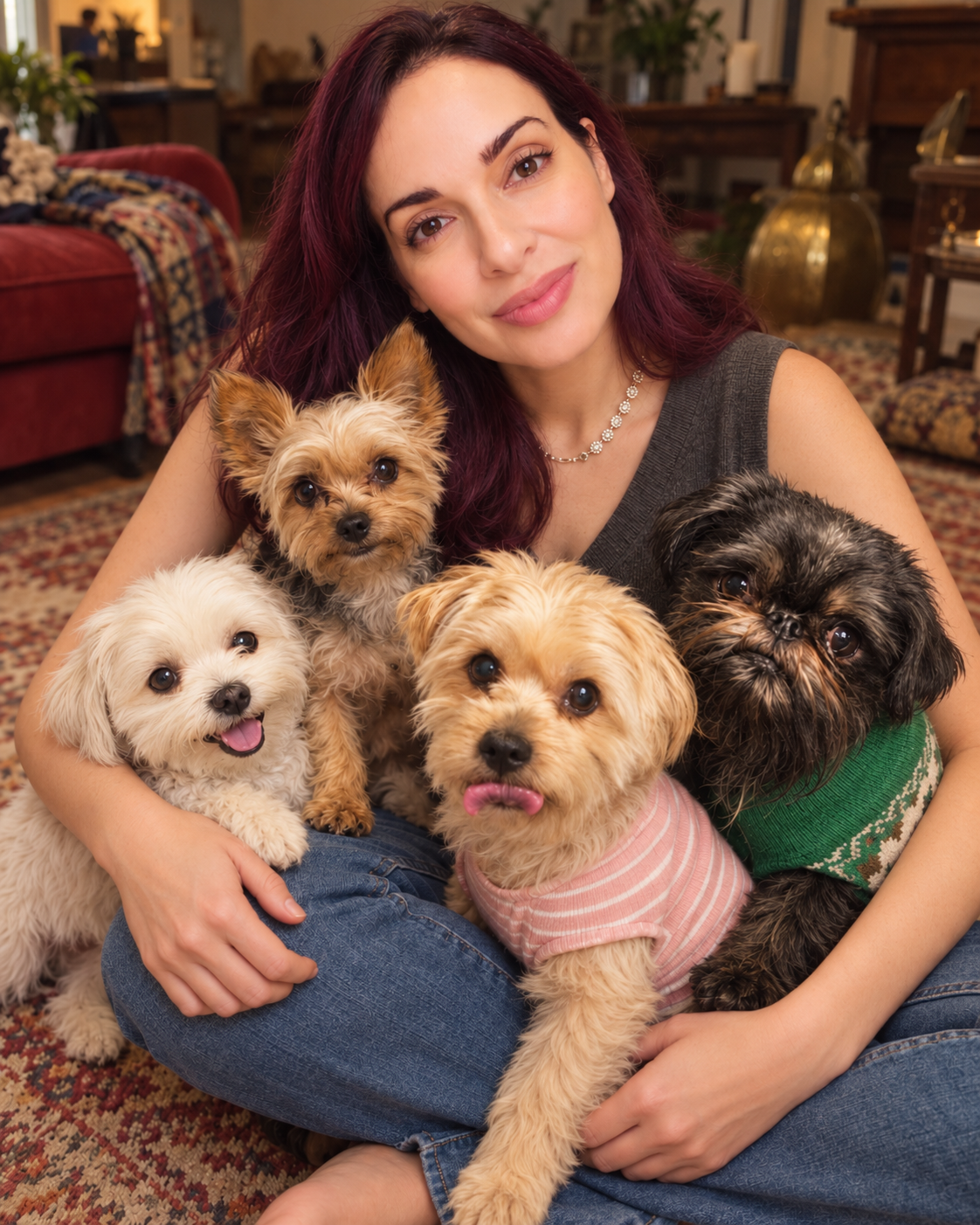 Jess J. Montgomery sitting with her four dogs